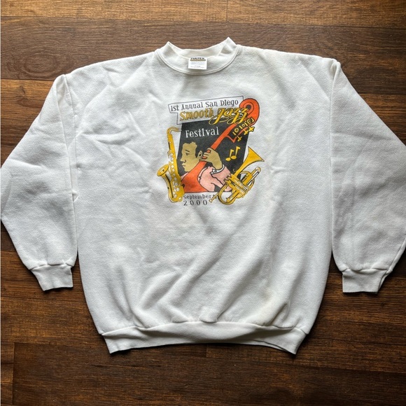 Men's Vintage Tultex Sweatshirt White San Diego Jazz Fest XL PILLING Crew Y2K - Picture 2 of 15
